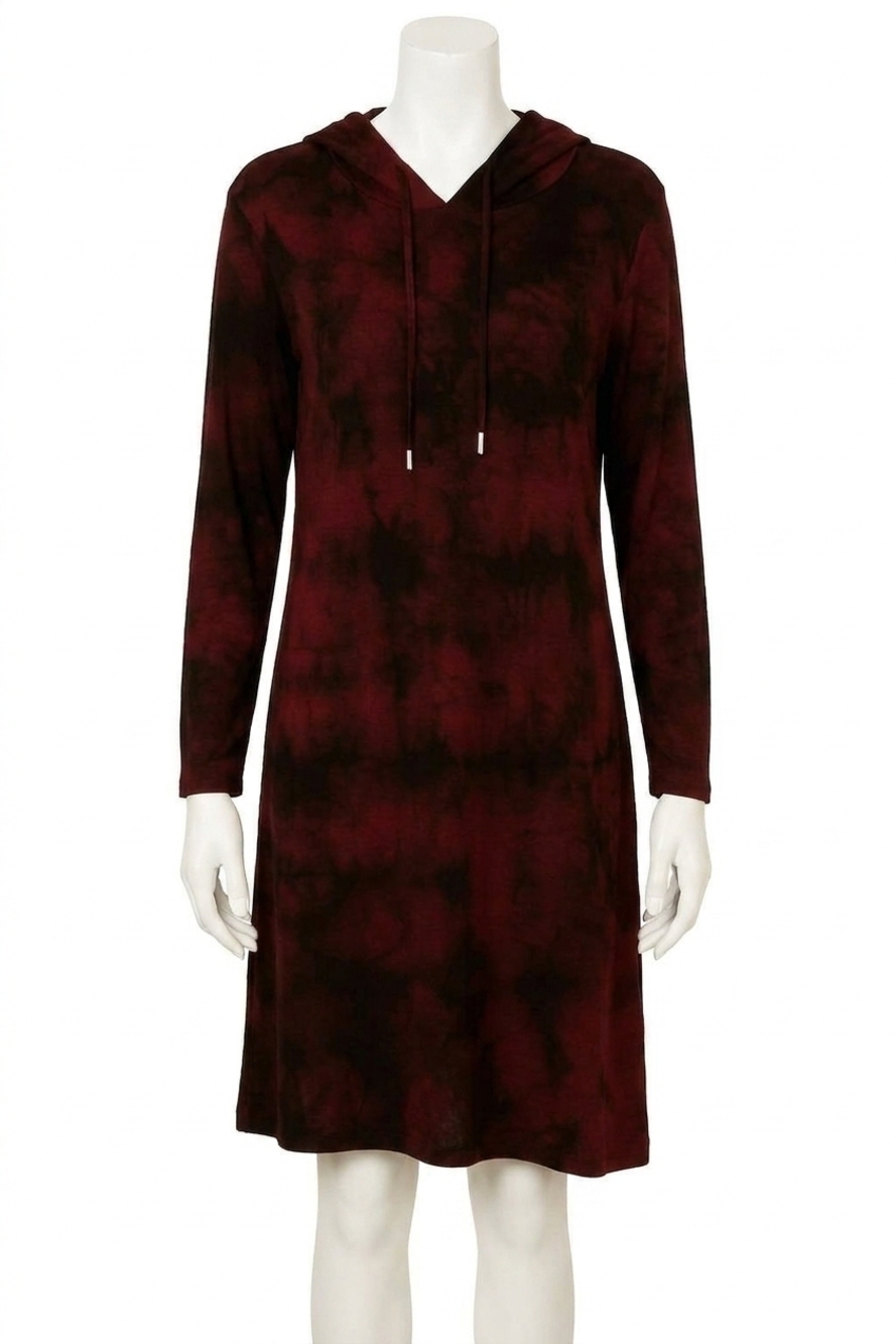 NEW FRENCH KYSS marble wash hooded dress in sangria